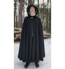 Cloakmakers.com 5920-Washable Black Wool Cloak w/ Green Velvet Hood Lining & Triple Medallion Clasp