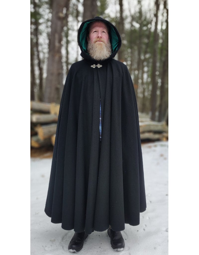 Cloakmakers.com 5920-Washable Black Wool Cloak w/ Green Velvet Hood Lining & Triple Medallion Clasp