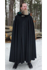 Cloakmakers.com 5920-Washable Black Wool Blend Cloak w/ Green Velvet Hood Lining & Triple Medallion Clasp