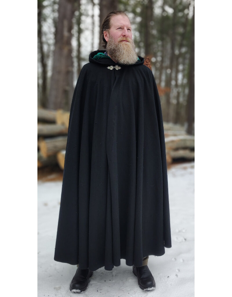 Cloakmakers.com 5920-Washable Black Wool Blend Cloak w/ Green Velvet Hood Lining & Triple Medallion Clasp