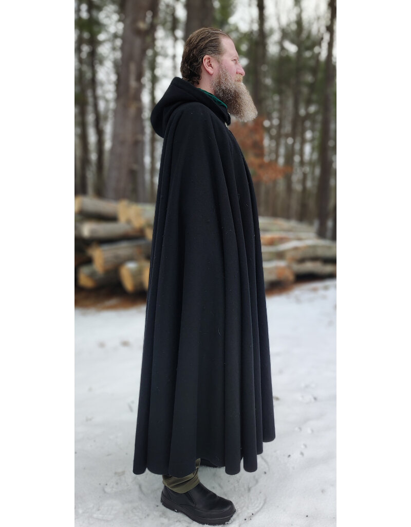 Cloakmakers.com 5920-Washable Black Wool Blend Cloak w/ Green Velvet Hood Lining & Triple Medallion Clasp