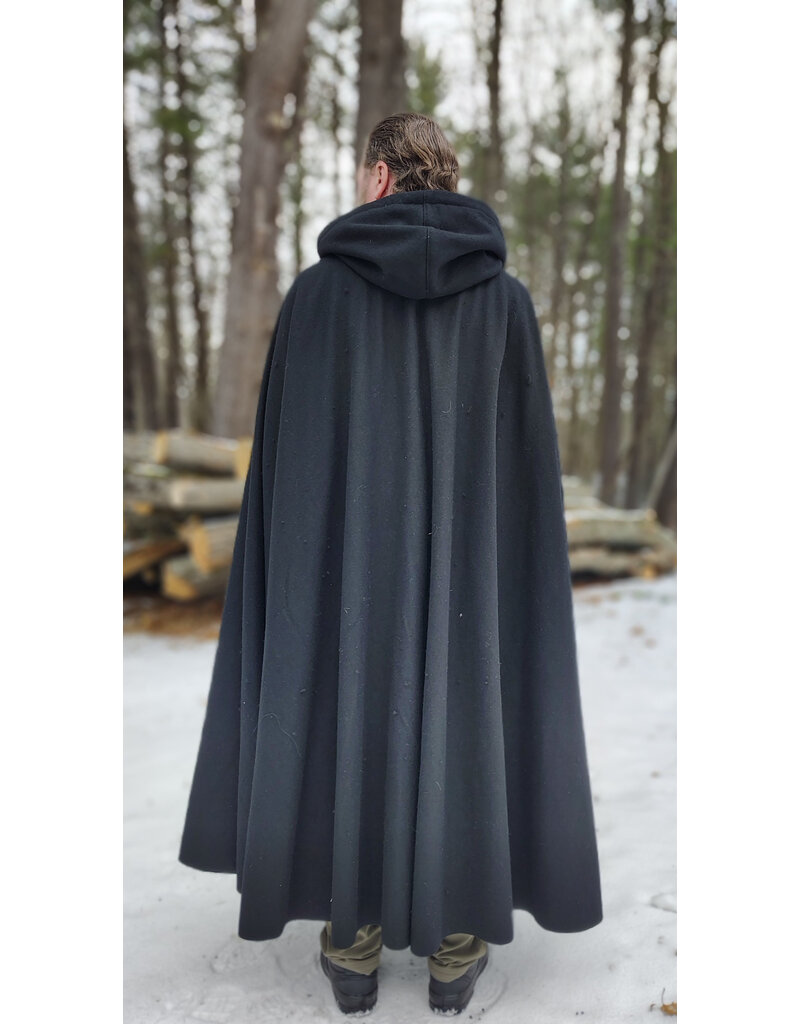 Cloakmakers.com 5920-Washable Black Wool Blend Cloak w/ Green Velvet Hood Lining & Triple Medallion Clasp