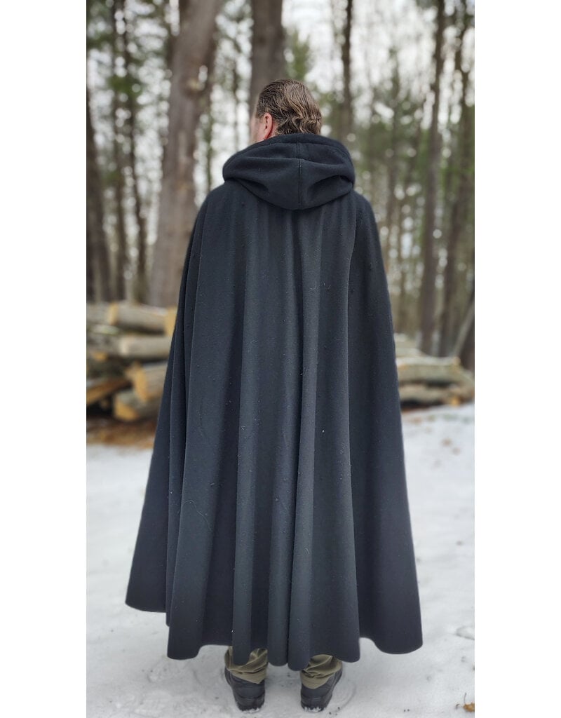 Cloakmakers.com 5920-Washable Black Wool Cloak w/ Green Velvet Hood Lining & Triple Medallion Clasp