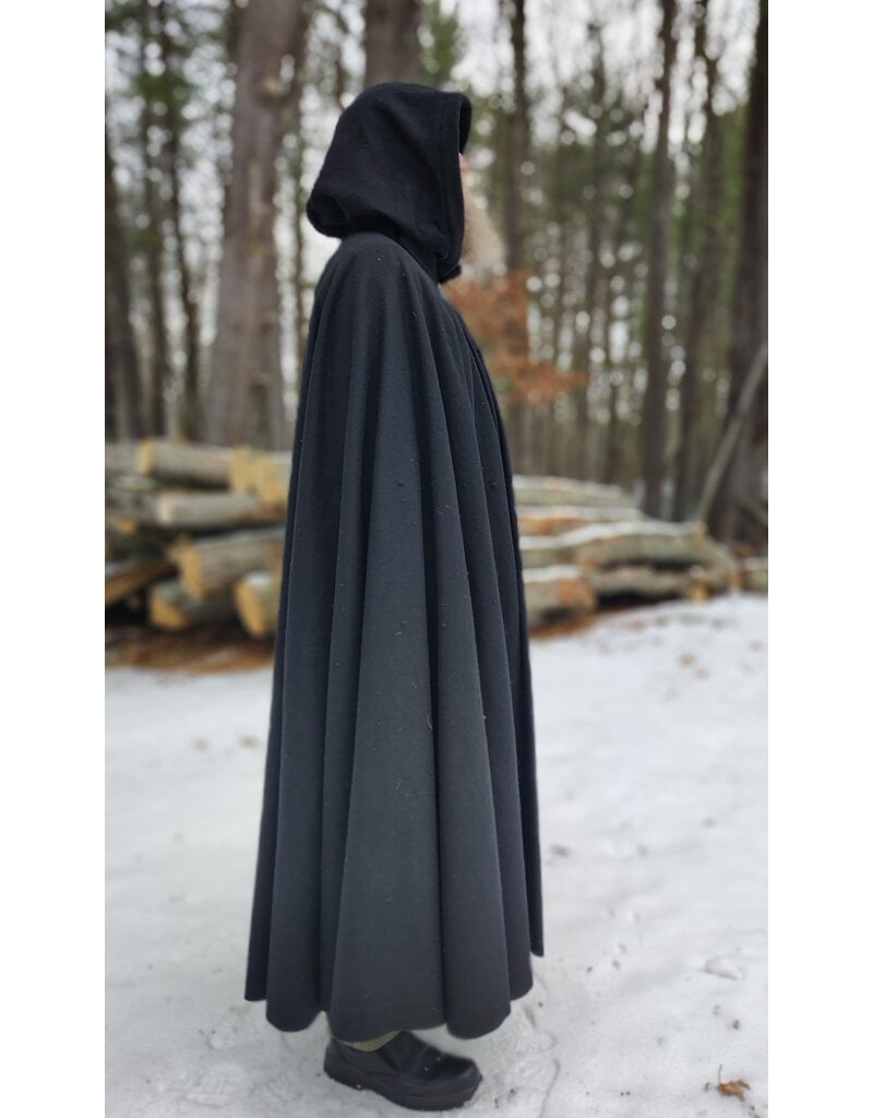 Cloakmakers.com 5920-Washable Black Wool Cloak w/ Green Velvet Hood Lining & Triple Medallion Clasp