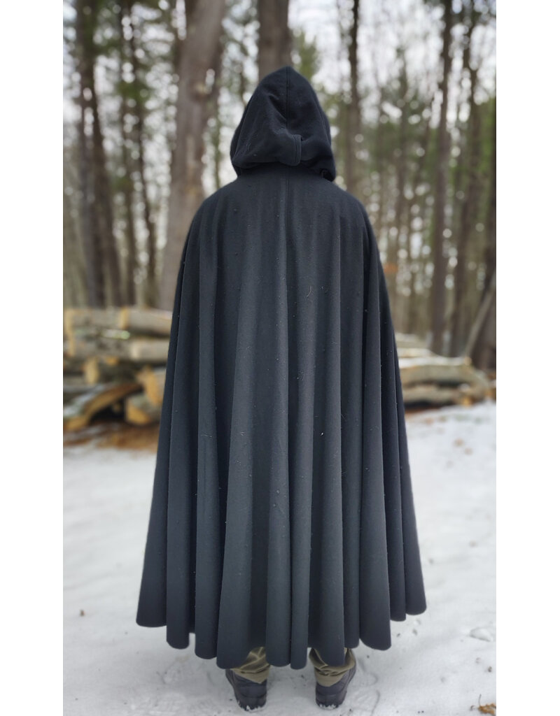 Cloakmakers.com 5920-Washable Black Wool Cloak w/ Green Velvet Hood Lining & Triple Medallion Clasp