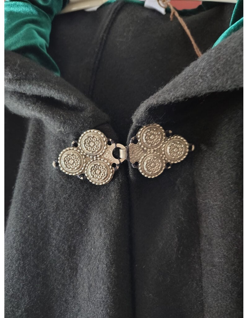 Cloakmakers.com 5920-Washable Black Wool Cloak w/ Green Velvet Hood Lining & Triple Medallion Clasp