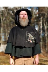 Cloakmakers.com 5923-Washable Charcoal & Green Wool Mantle Cloak w/ Dragon & Castle Embroidery, Pockets, & Black Velvet Hood Lining