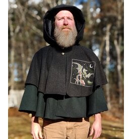 Cloakmakers.com 5923-Washable Charcoal & Green Wool Mantle Cloak w/ Dragon & Castle Embroidery, Pockets, & Black Velvet Hood Lining