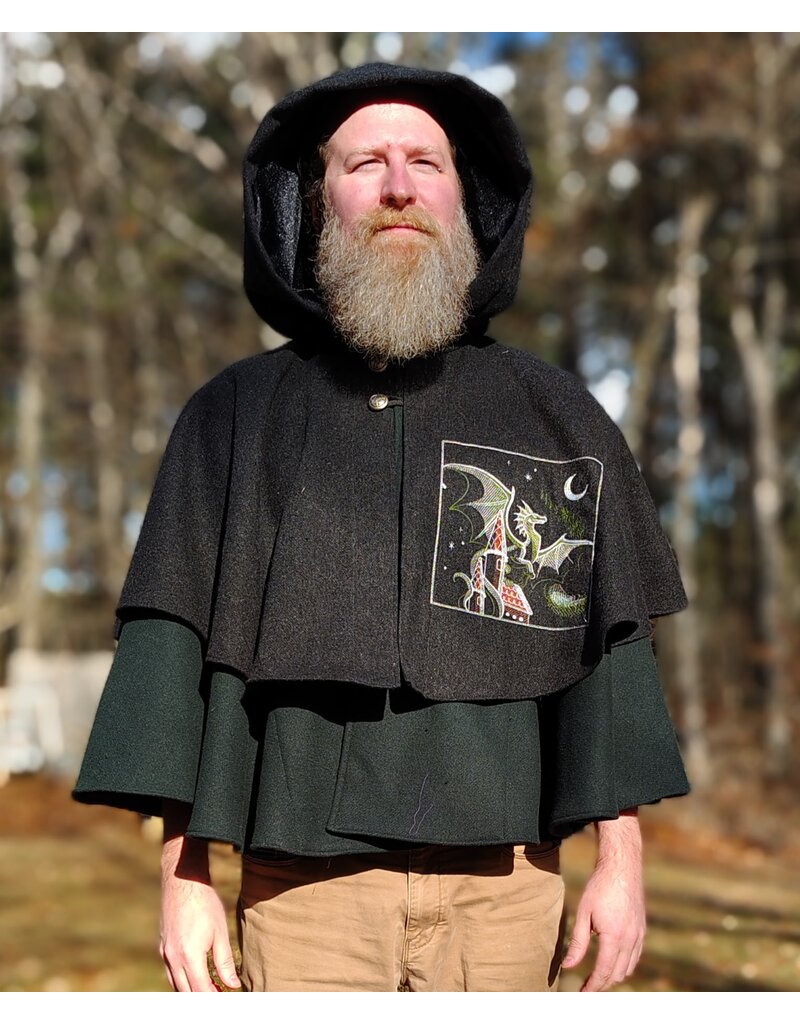 Cloakmakers.com 5923-Washable Charcoal & Green Wool Mantle Cloak w/ Dragon & Castle Embroidery, Pockets, & Black Velvet Hood Lining