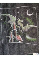 Cloakmakers.com 5923-Washable Charcoal & Green Wool Mantle Cloak w/ Dragon & Castle Embroidery, Pockets, & Black Velvet Hood Lining