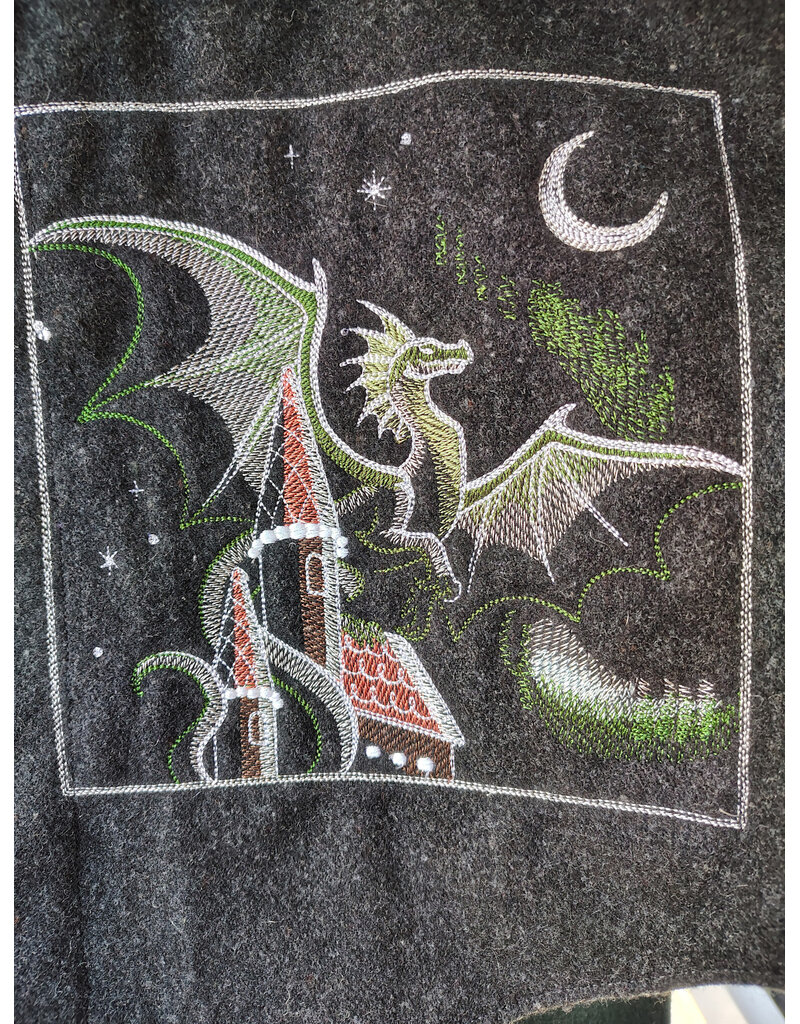 Cloakmakers.com 5923-Washable Charcoal & Green Wool Mantle Cloak w/ Dragon & Castle Embroidery, Pockets, & Black Velvet Hood Lining