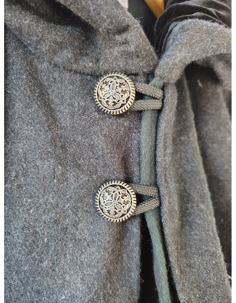 Cloakmakers.com 5923-Washable Charcoal & Green Wool Mantle Cloak w/ Dragon & Castle Embroidery, Pockets, & Black Velvet Hood Lining