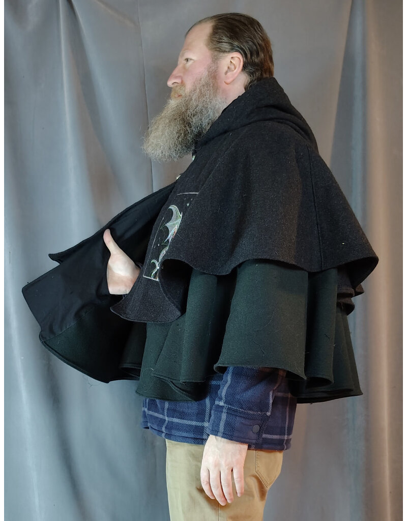 Cloakmakers.com 5923-Washable Charcoal & Green Wool Mantle Cloak w/ Dragon & Castle Embroidery, Pockets, & Black Velvet Hood Lining