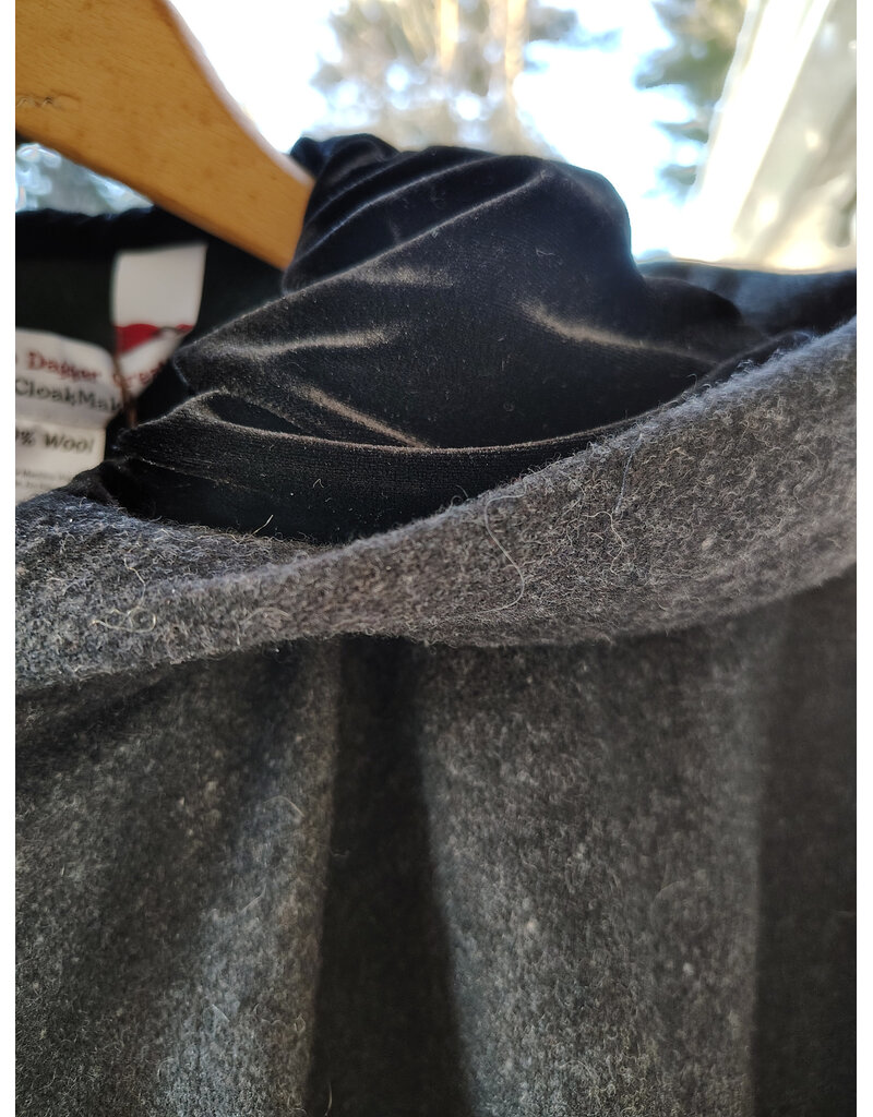 Cloakmakers.com 5923-Washable Charcoal & Green Wool Mantle Cloak w/ Dragon & Castle Embroidery, Pockets, & Black Velvet Hood Lining