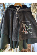 Cloakmakers.com 5923-Washable Charcoal & Green Wool Mantle Cloak w/ Dragon & Castle Embroidery, Pockets, & Black Velvet Hood Lining