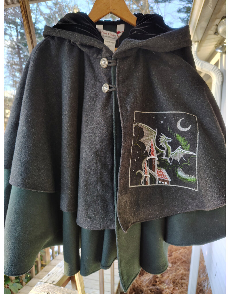 Cloakmakers.com 5923-Washable Charcoal & Green Wool Mantle Cloak w/ Dragon & Castle Embroidery, Pockets, & Black Velvet Hood Lining