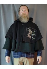 Cloakmakers.com 5923-Washable Charcoal & Green Wool Mantle Cloak w/ Dragon & Castle Embroidery, Pockets, & Black Velvet Hood Lining