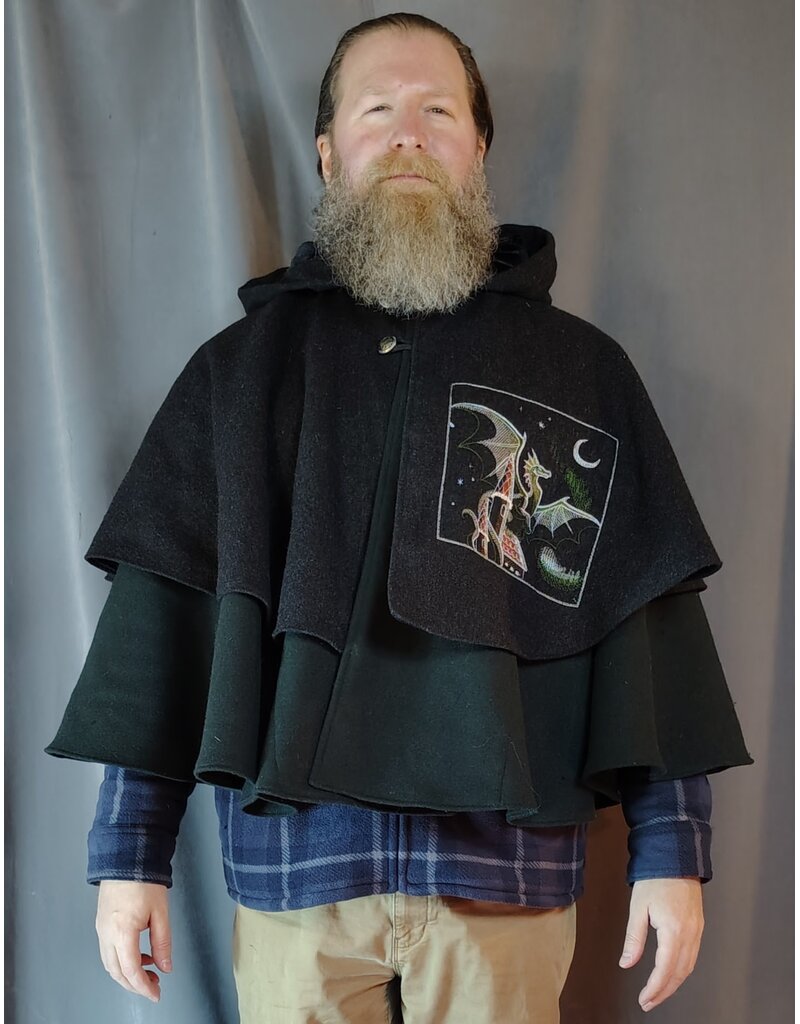 Cloakmakers.com 5923-Washable Charcoal & Green Wool Mantle Cloak w/ Dragon & Castle Embroidery, Pockets, & Black Velvet Hood Lining