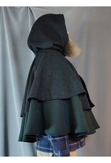 Cloakmakers.com 5923-Washable Charcoal & Green Wool Mantle Cloak w/ Dragon & Castle Embroidery, Pockets, & Black Velvet Hood Lining