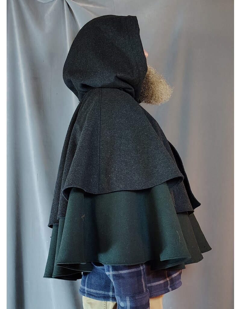 Cloakmakers.com 5923-Washable Charcoal & Green Wool Mantle Cloak w/ Dragon & Castle Embroidery, Pockets, & Black Velvet Hood Lining