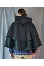 Cloakmakers.com 5923-Washable Charcoal & Green Wool Mantle Cloak w/ Dragon & Castle Embroidery, Pockets, & Black Velvet Hood Lining