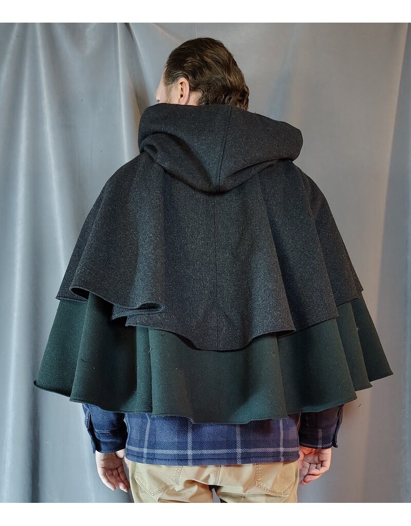 Cloakmakers.com 5923-Washable Charcoal & Green Wool Mantle Cloak w/ Dragon & Castle Embroidery, Pockets, & Black Velvet Hood Lining