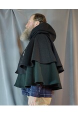Cloakmakers.com 5923-Washable Charcoal & Green Wool Mantle Cloak w/ Dragon & Castle Embroidery, Pockets, & Black Velvet Hood Lining