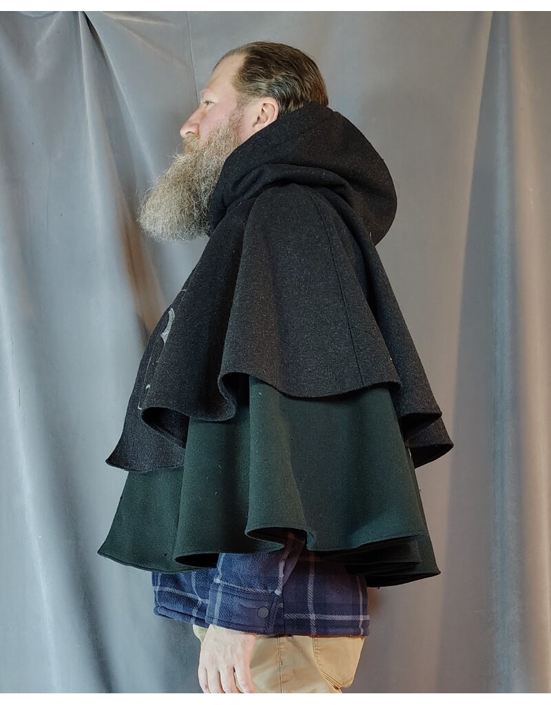 Cloakmakers.com 5923-Washable Charcoal & Green Wool Mantle Cloak w/ Dragon & Castle Embroidery, Pockets, & Black Velvet Hood Lining