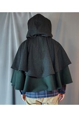 Cloakmakers.com 5923-Washable Charcoal & Green Wool Mantle Cloak w/ Dragon & Castle Embroidery, Pockets, & Black Velvet Hood Lining