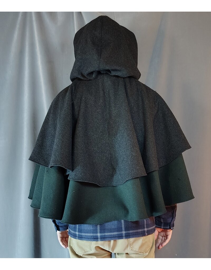 Cloakmakers.com 5923-Washable Charcoal & Green Wool Mantle Cloak w/ Dragon & Castle Embroidery, Pockets, & Black Velvet Hood Lining