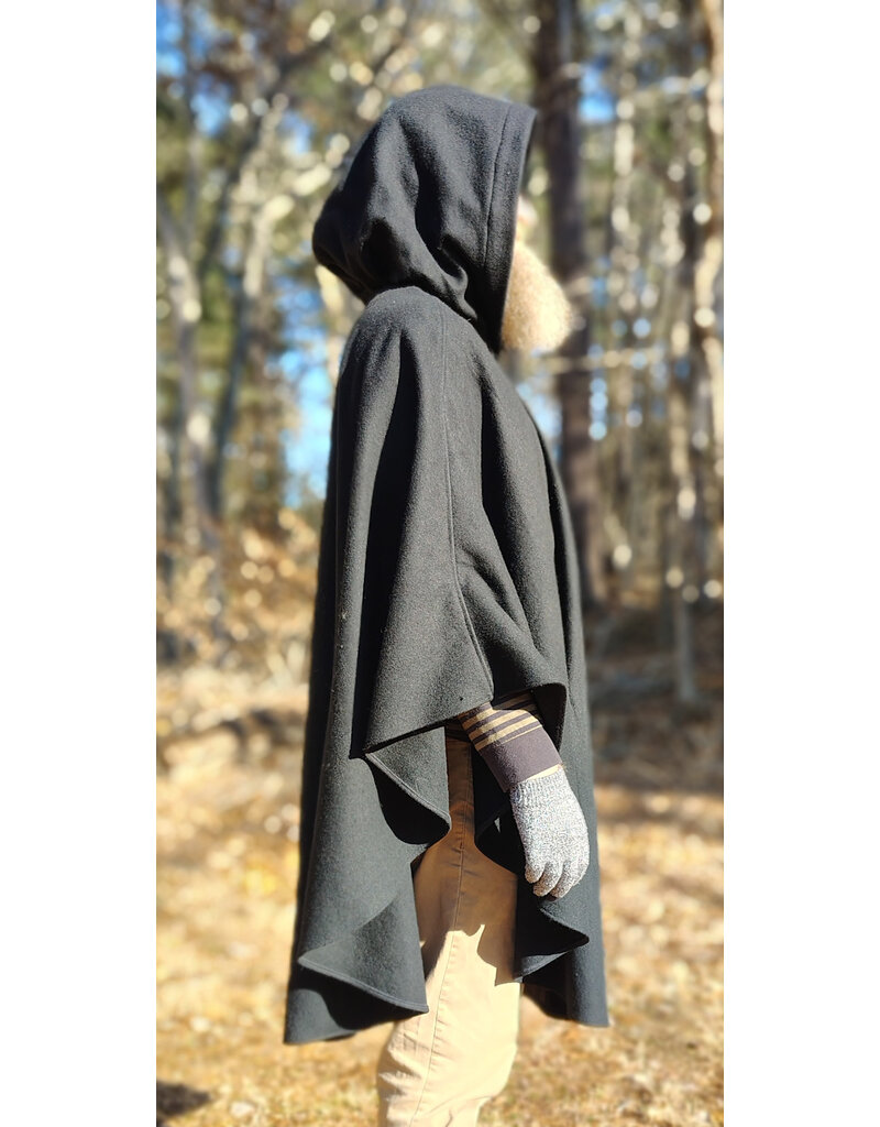 Cloakmakers.com 5924-Washable Black Wool Blend Cloak w/ Pockets & Black Velvet Hood Lining