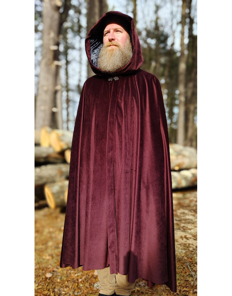 Cloakmakers.com 5927-Washable Purplish Maroon Velvet Cloak w/ Black Velvet Hood Lining & Silver Tone Clasp