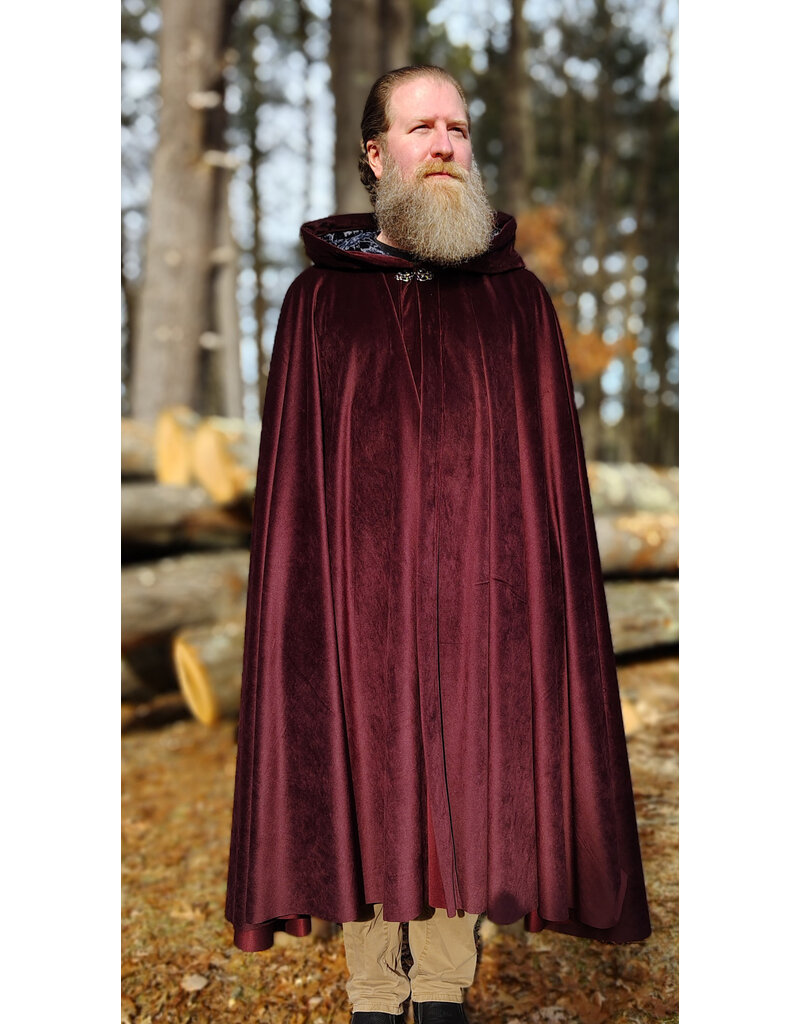 Cloakmakers.com 5927-Washable Purplish Maroon Velvet Cloak w/ Black Velvet Hood Lining & Silver Tone Clasp
