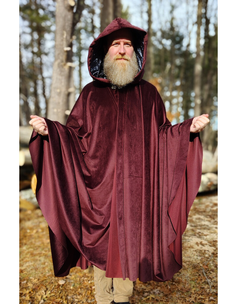 Cloakmakers.com 5927-Washable Purplish Maroon Velvet Cloak w/ Black Velvet Hood Lining & Silver Tone Clasp