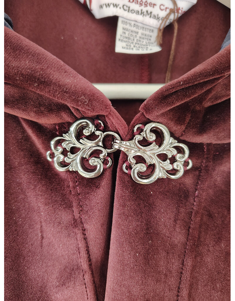 Cloakmakers.com 5927-Washable Purplish Maroon Velvet Cloak w/ Black Velvet Hood Lining & Silver Tone Clasp