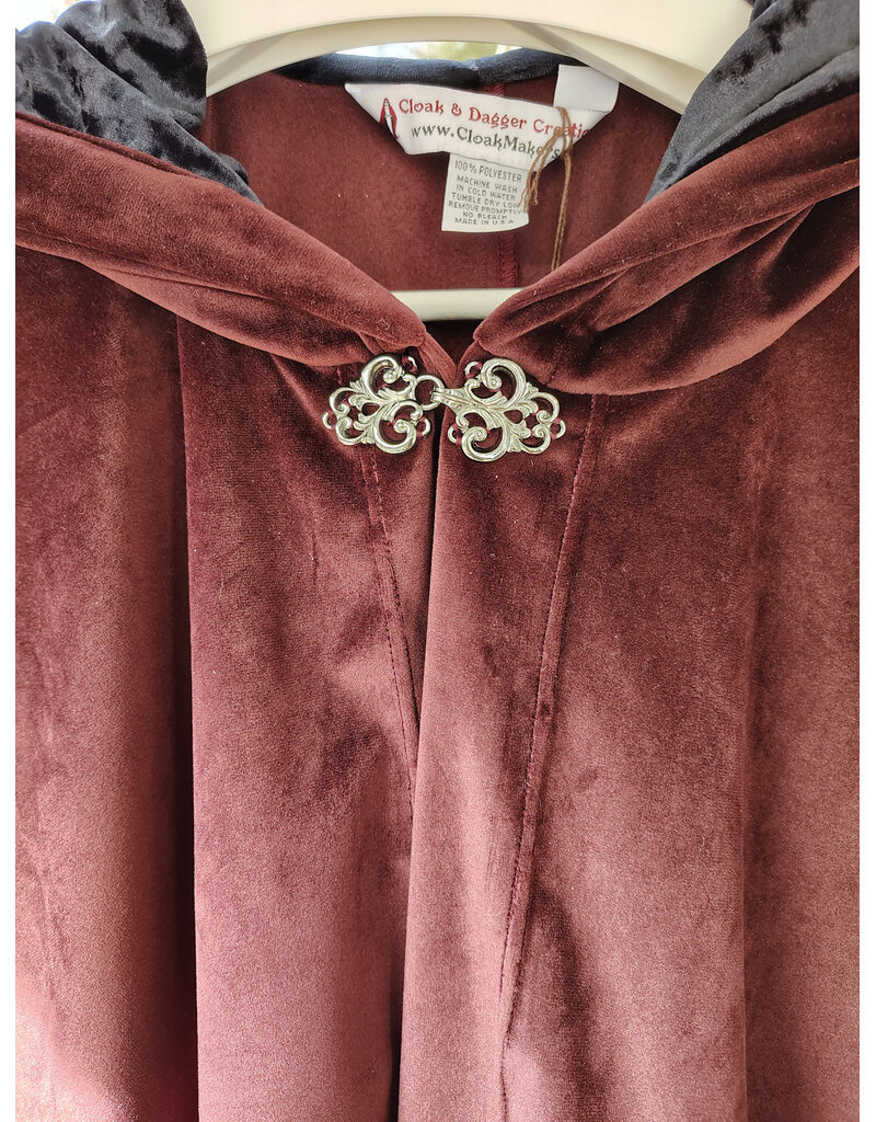 Cloakmakers.com 5927-Washable Purplish Maroon Velvet Cloak w/ Black Velvet Hood Lining & Silver Tone Clasp