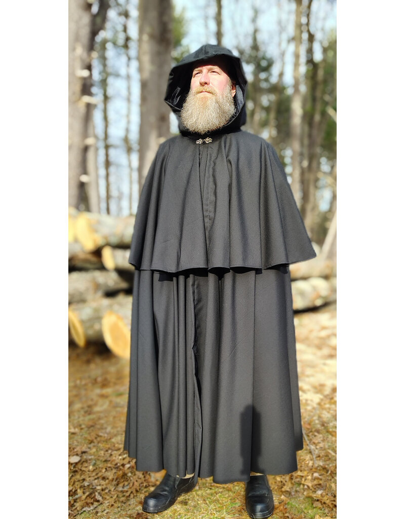 Cloakmakers.com 5928-Lightweight Black Wool Mantle Cloak w/ Black Velvet Hood Lining