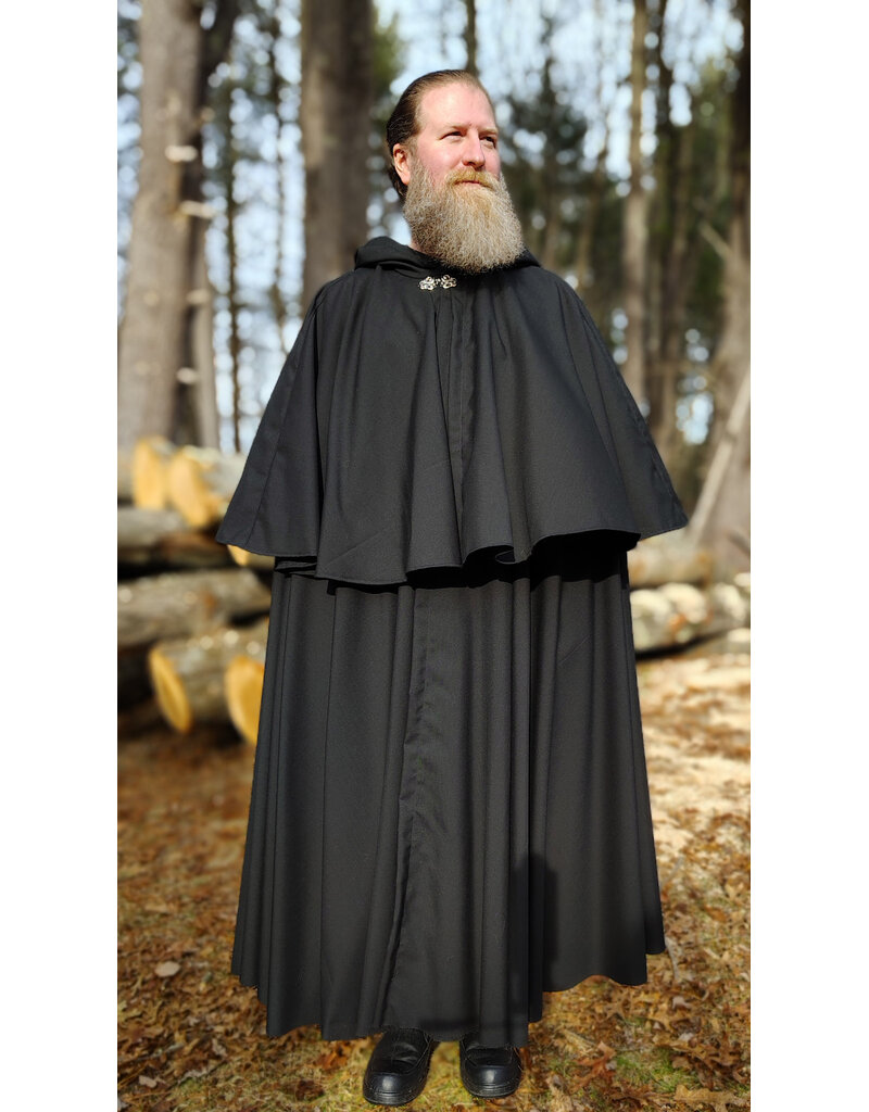 Cloakmakers.com 5928-Lightweight Black Wool Mantle Cloak w/ Black Velvet Hood Lining