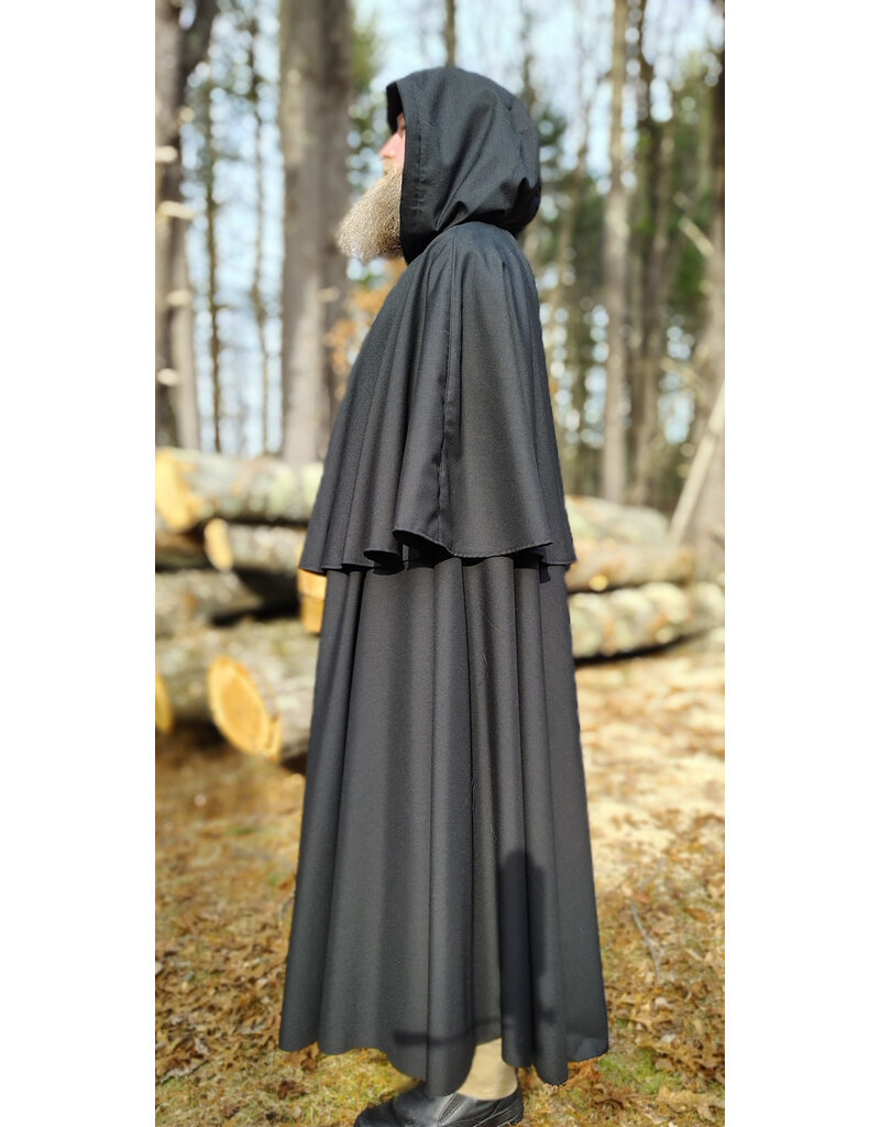 Cloakmakers.com 5928-Lightweight Black Wool Mantle Cloak w/ Black Velvet Hood Lining