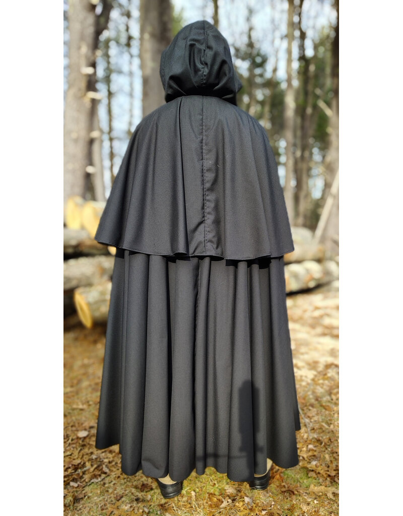 Cloakmakers.com 5928-Lightweight Black Wool Mantle Cloak w/ Black Velvet Hood Lining