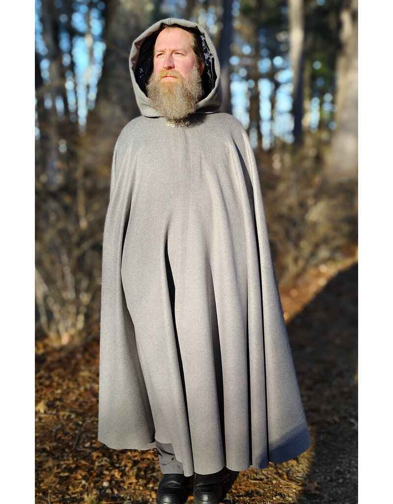 Cloakmakers.com 5929-Light Grey Wool Blend Cloak w/ Black Velvet Hood Lining & Triple Medallion Clasp