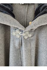 Cloakmakers.com 5929-Light Grey Wool Blend Cloak w/ Black Velvet Hood Lining & Triple Medallion Clasp