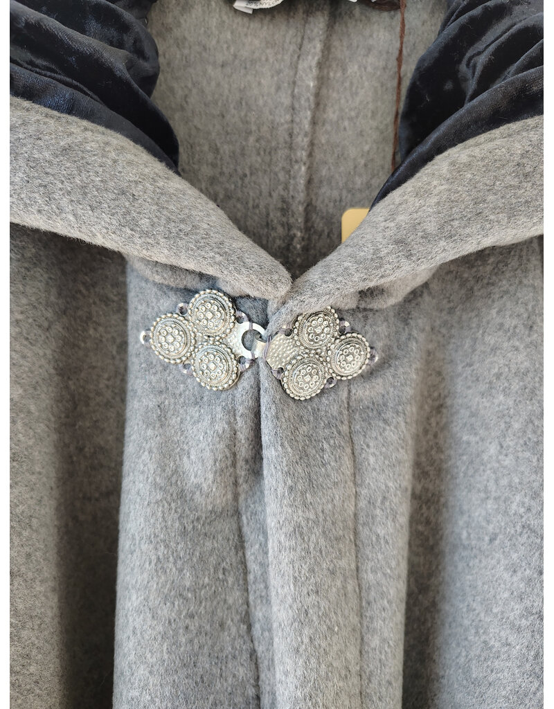 Cloakmakers.com 5929-Light Grey Wool Blend Cloak w/ Black Velvet Hood Lining & Triple Medallion Clasp