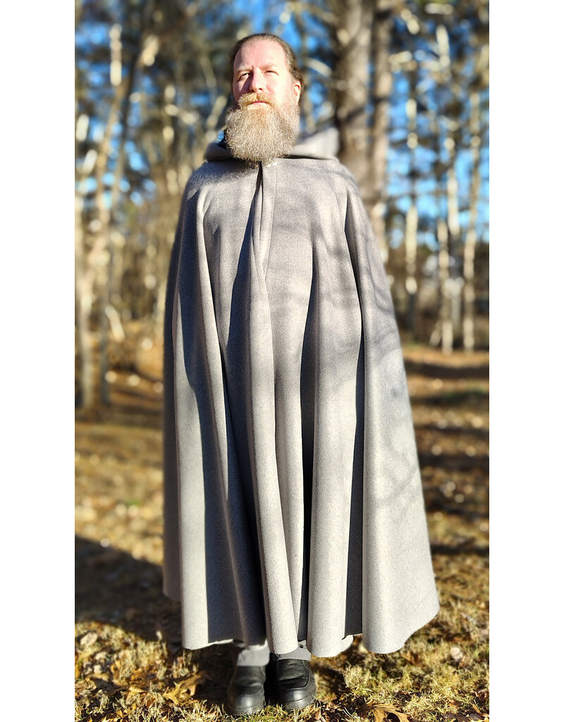Cloakmakers.com 5929-Light Grey Wool Blend Cloak w/ Black Velvet Hood Lining & Triple Medallion Clasp
