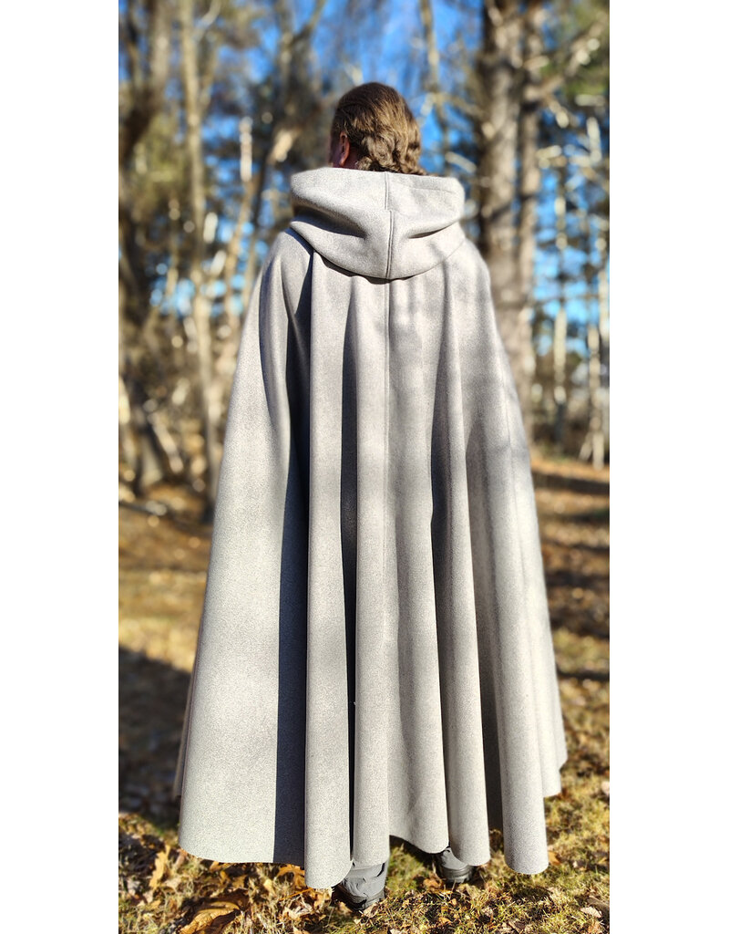 Cloakmakers.com 5929-Light Grey Wool Blend Cloak w/ Black Velvet Hood Lining & Triple Medallion Clasp