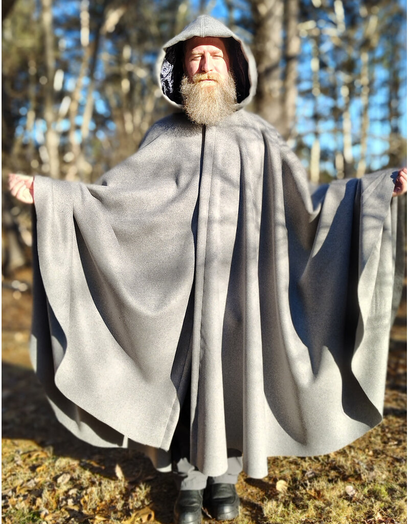 Cloakmakers.com 5929-Light Grey Wool Blend Cloak w/ Black Velvet Hood Lining & Triple Medallion Clasp