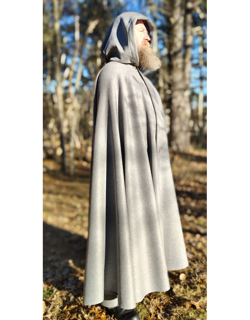 Cloakmakers.com 5929-Light Grey Wool Blend Cloak w/ Black Velvet Hood Lining & Triple Medallion Clasp