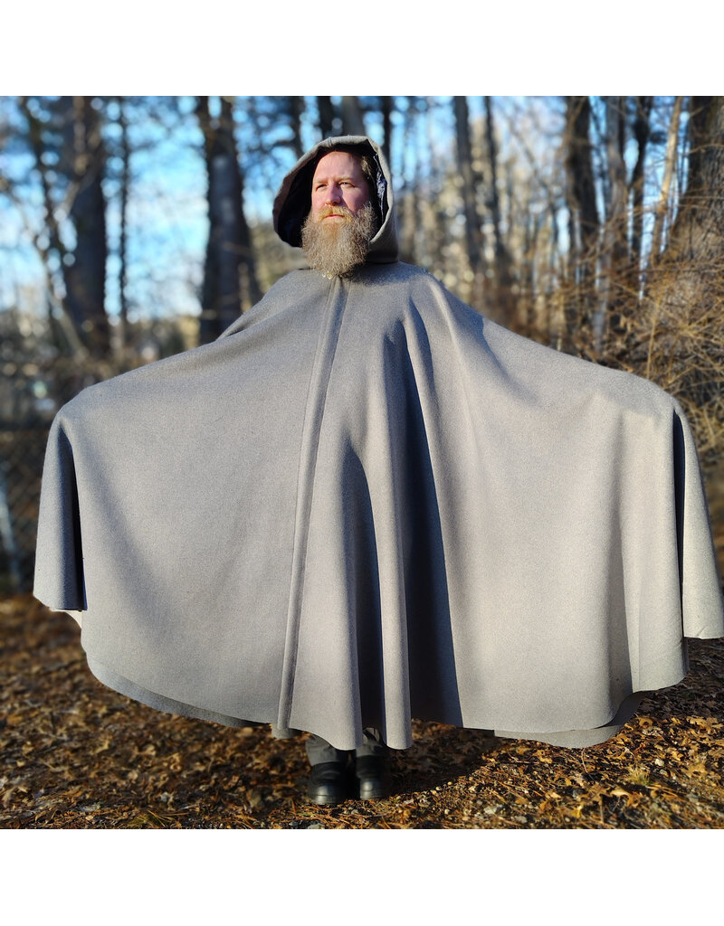 Cloakmakers.com 5929-Light Grey Wool Blend Cloak w/ Black Velvet Hood Lining & Triple Medallion Clasp
