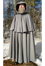 Cloakmakers.com 5930-Light Grey Wool Blend Mantle Cloak w/ Dark Maroon Velveteen Hood Lining & Triple Button & Loop Closure