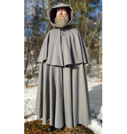 Cloakmakers.com 5930-Light Grey Wool Blend Mantle Cloak w/ Dark Maroon Velveteen Hood Lining & Triple Button & Loop Closure